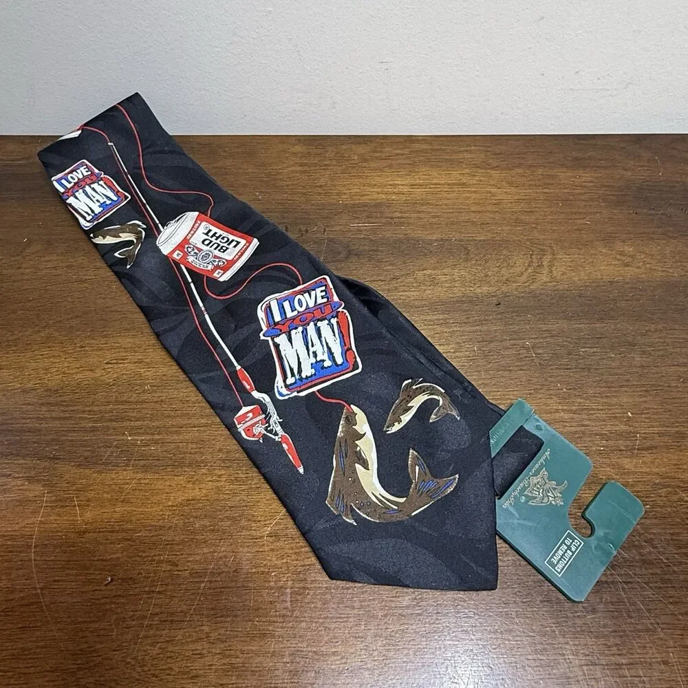 I Love You Man Bud Light Beer 1996 Vintage Neck Tie USA Black Fishing Pole New